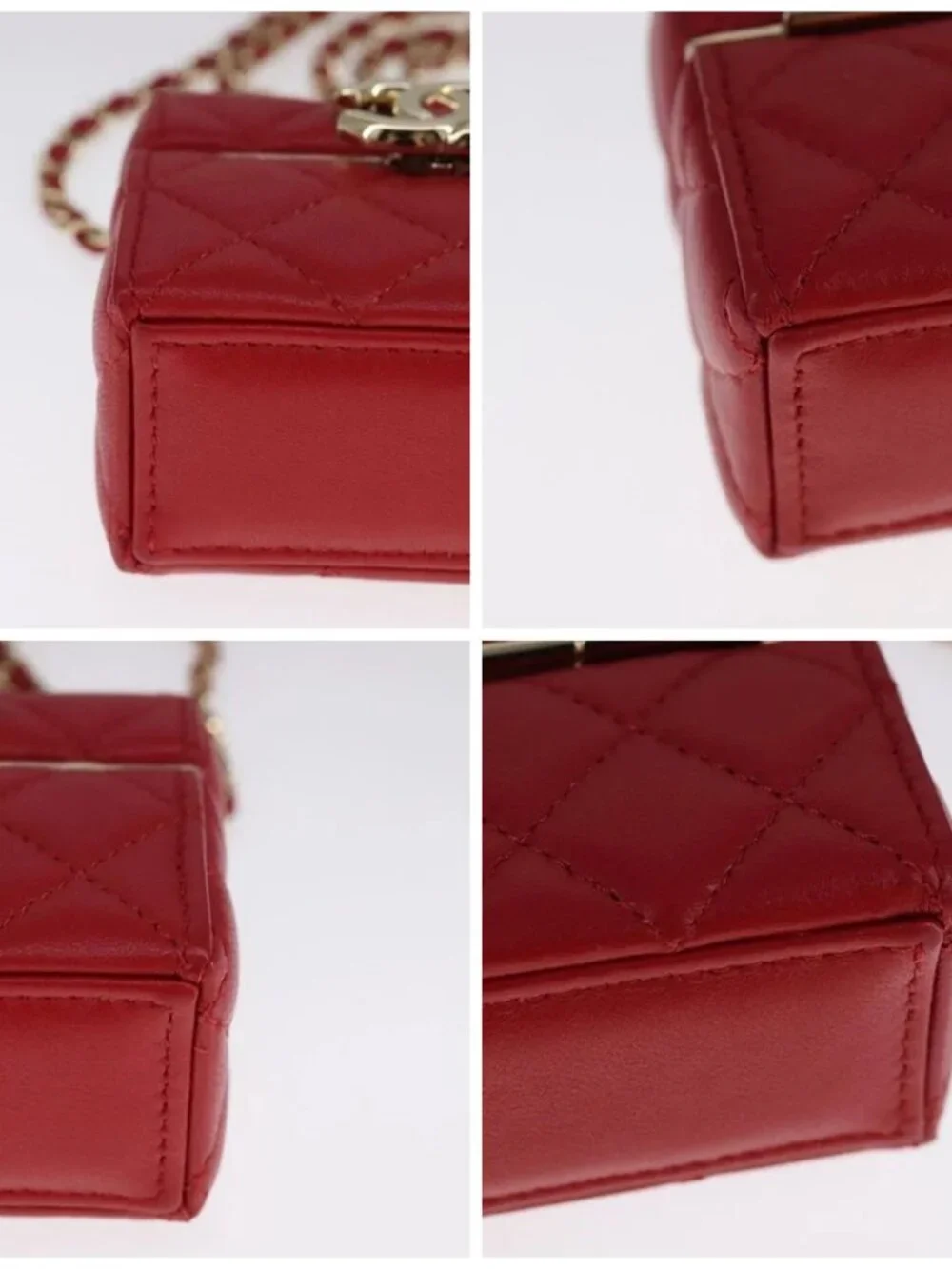CHANEL Small Box Matelasse Chain Pouch Lamb Skin Red CC Auth 108916AV